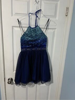 Masquerade Teal and Navy Halter Sequin Prom Dress